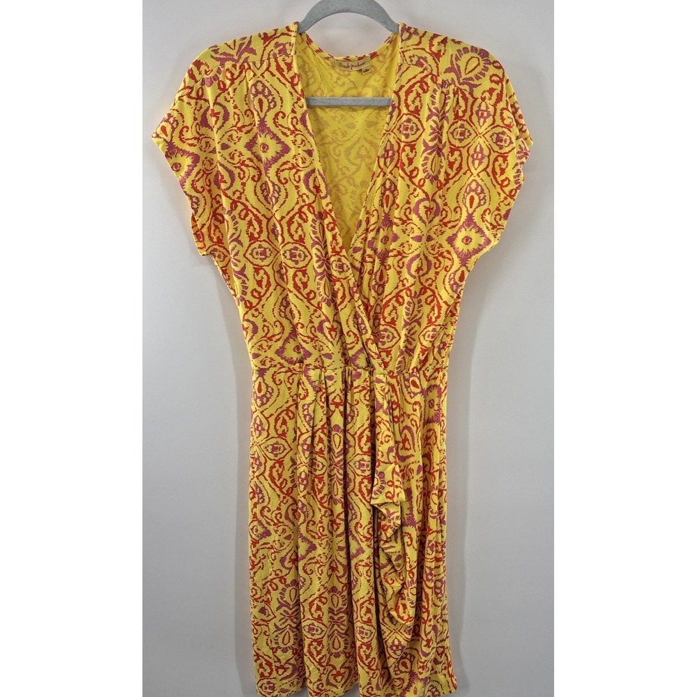 Fresh Produce V-Neck Midi Dress Womens Size M Yellow Pink Print USA